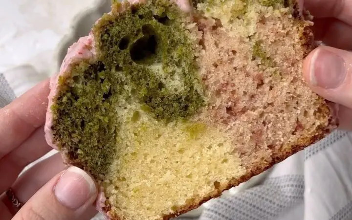 Strawberry-Infused Matcha Marble Cake with Berry Glaze