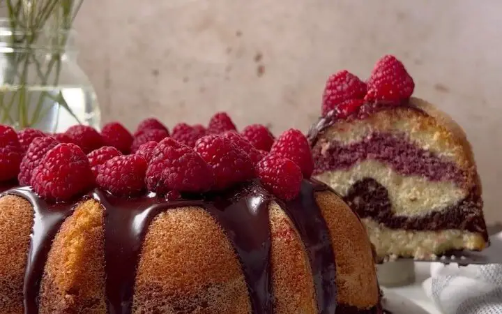 Chocolate Raspberry Marbled Bundt Cake with Ganache