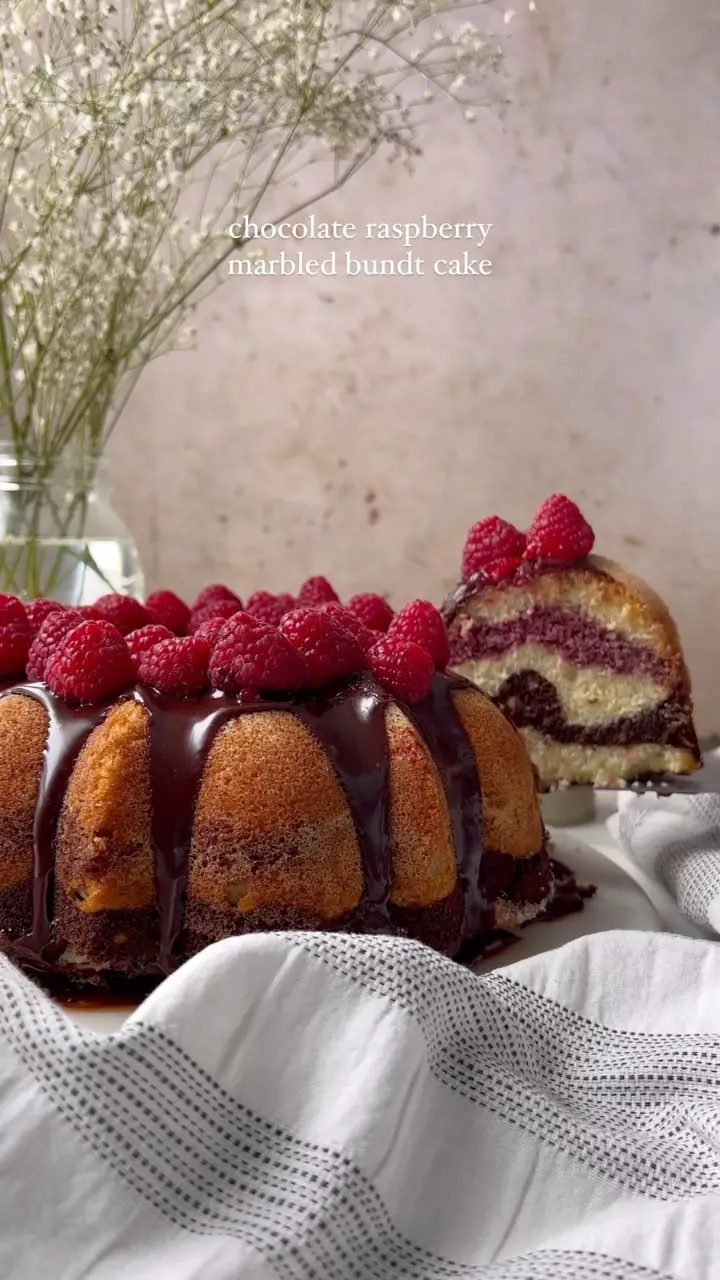 Chocolate Raspberry Marbled Bundt Cake with Ganache