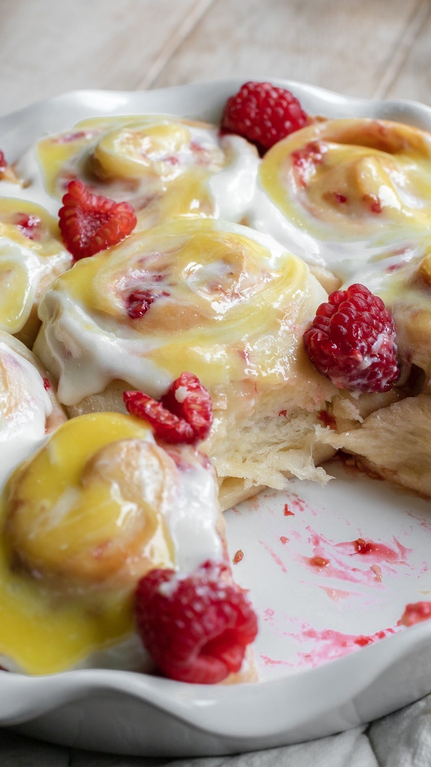 Lemon Curd Raspberry Brioche Rolls with Cream Cheese Icing