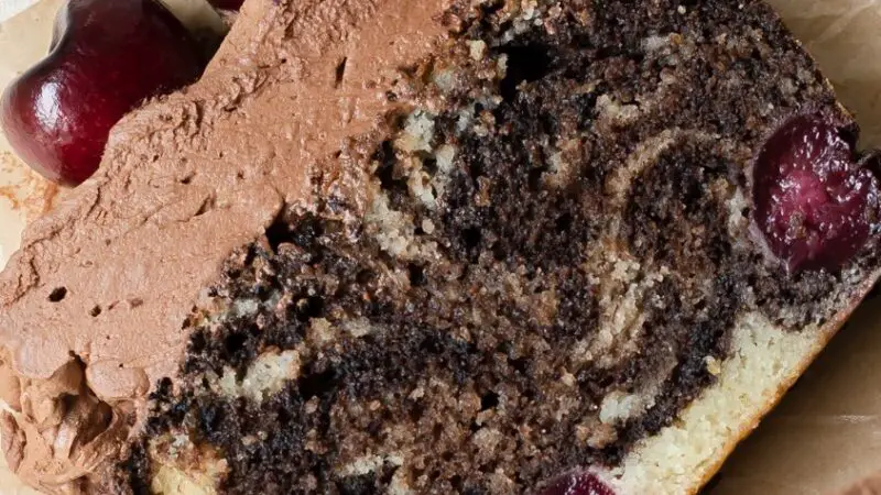 Chocolate Cherry Marbled Loaf Cake with Cherry Infused Whipped Ganache