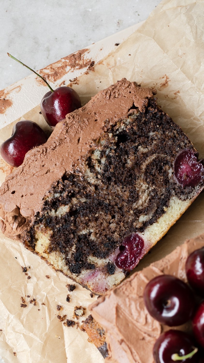 Chocolate Cherry Marbled Loaf Cake with Cherry Infused Whipped Ganache