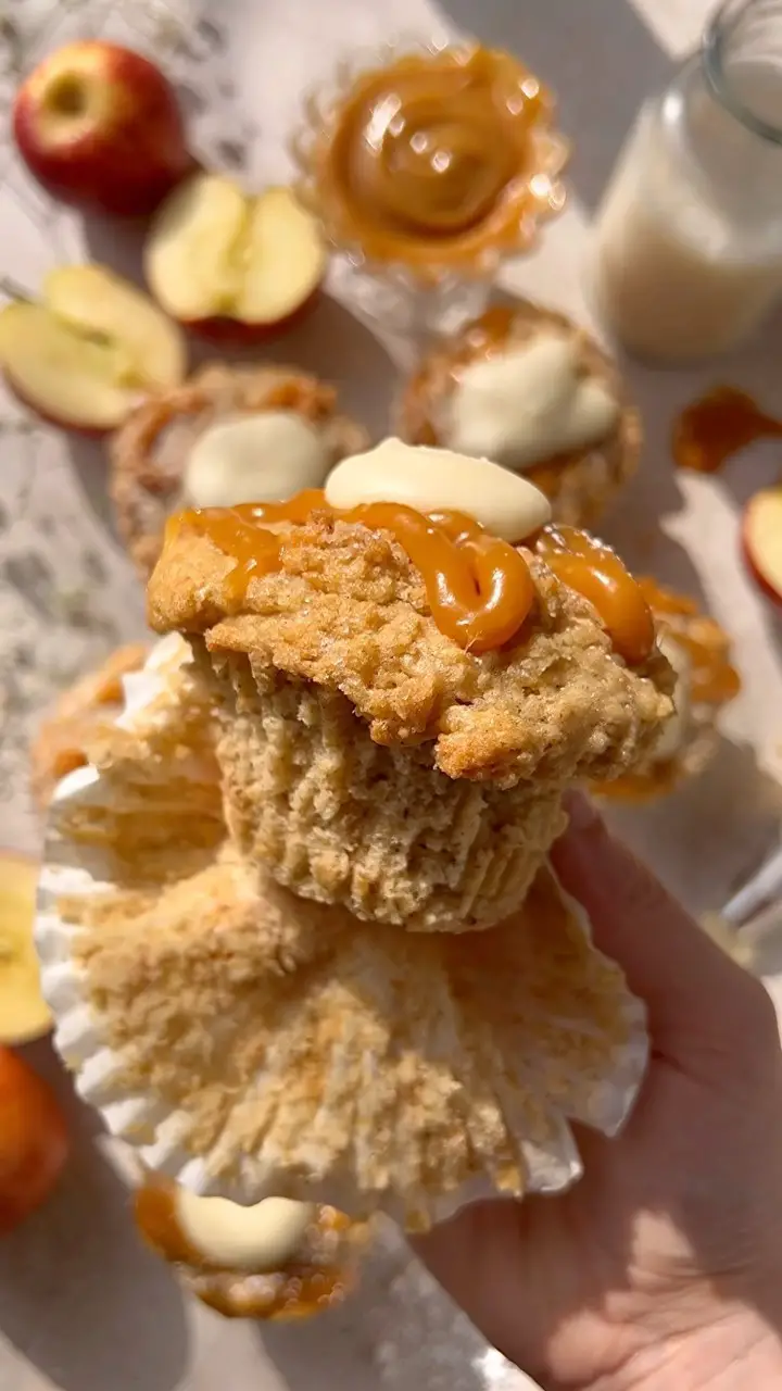 Vegan Caramel Apple Muffins with Streusel & Frosting