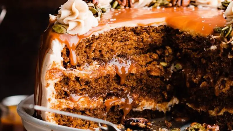 Pumpkin Cake with Salted Caramel & Candied Pecans