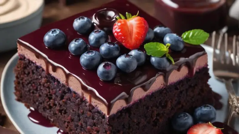 Blueberry Chocolate Cake with Blueberry Sauce & Chocolate Sour Cream Frosting