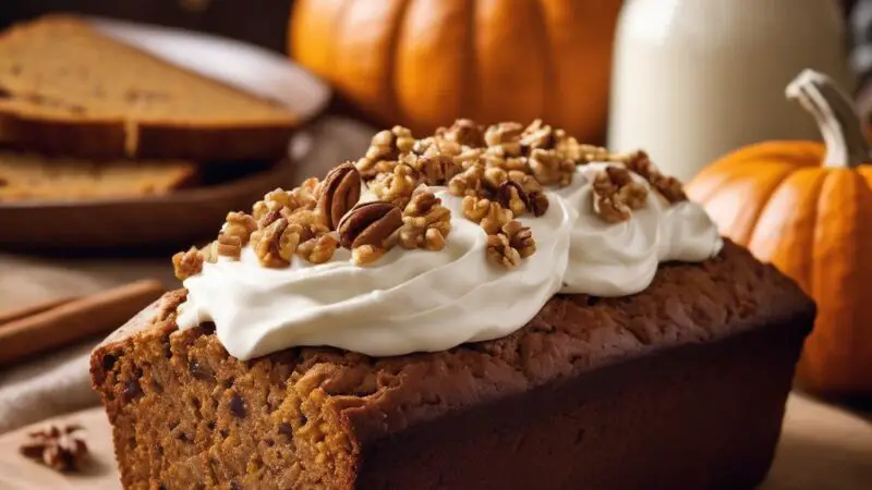 Cinnamon Maple Walnut Pumpkin Bread with Cream Cheese Drizzle