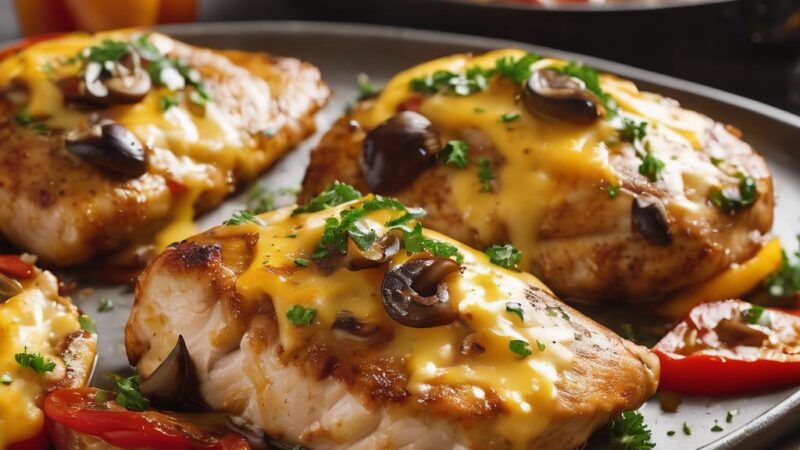 Oven-Baked Chicken Breasts with Saucy Mushrooms and Bell Peppers Topped with Golden Cheddar Cheese