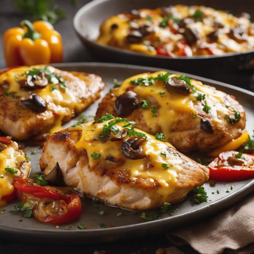 Oven-Baked Chicken Breasts with Saucy Mushrooms and Bell Peppers Topped with Golden Cheddar Cheese