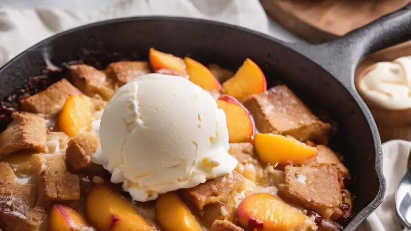 Skillet Peach Cobbler with Vanilla Ice Cream