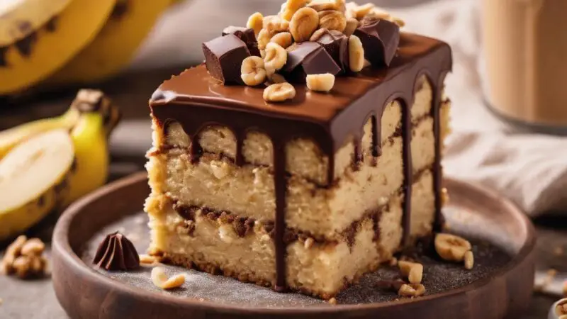 Banana Cake with Peanut Butter Frosting and Chocolate Topping