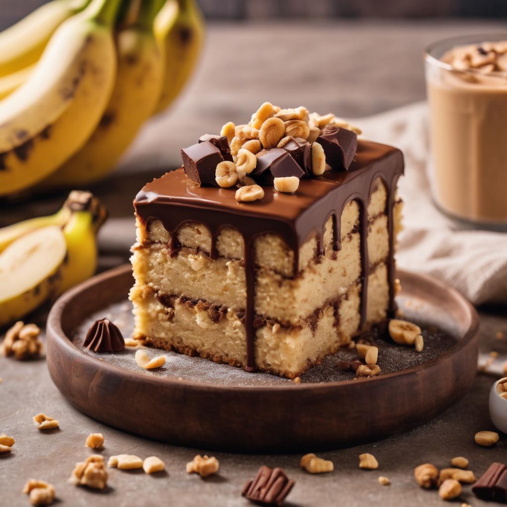 Banana Cake with Peanut Butter Frosting and Chocolate Topping