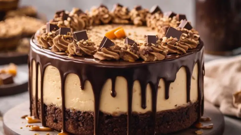 Gluten-Free Snickers Cheesecake with Salted Caramel Cookie Crust and Chocolate Ganache