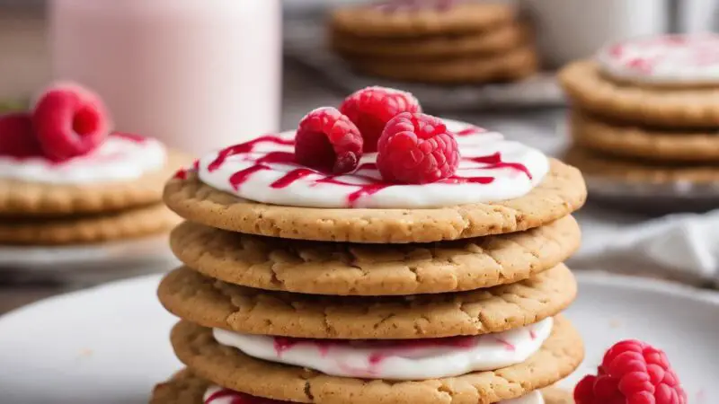 Graham Cracker Cookies with Cream Cheese Frosting and Raspberry Drizzle