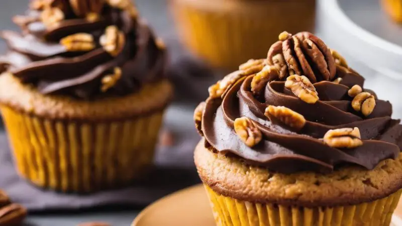 Pumpkin Cupcakes with Pecan Pie Filling and Salted Maple Cinnamon Frosting