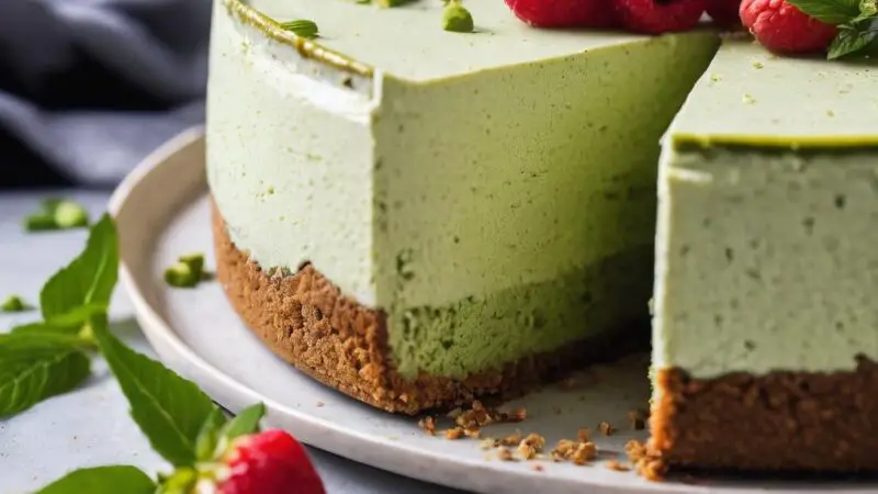 Vegan Matcha Pistachio Cheesecake with Cookie Crust