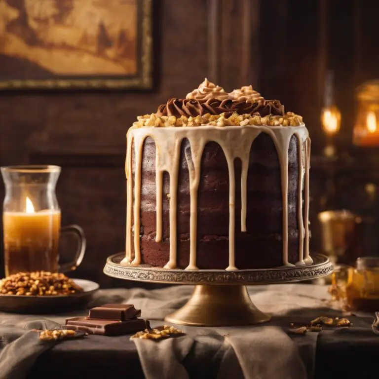Vegan Chocolate Butterbeer Cake with Butterscotch Sauce and Cream Cheese Frosting