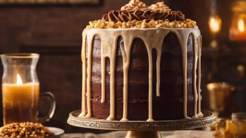 Vegan Chocolate Butterbeer Cake with Butterscotch Sauce and Cream Cheese Frosting