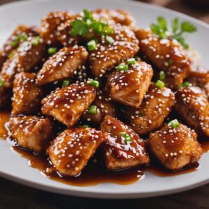 Crispy Honey Garlic Chicken with a Sweet and Spicy Glaze, Garnished with Sesame Seeds and Spring Onions