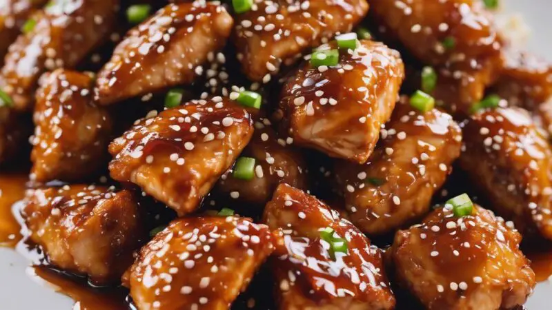 Crispy Honey Garlic Chicken with a Sweet and Spicy Glaze, Garnished with Sesame Seeds and Spring Onions