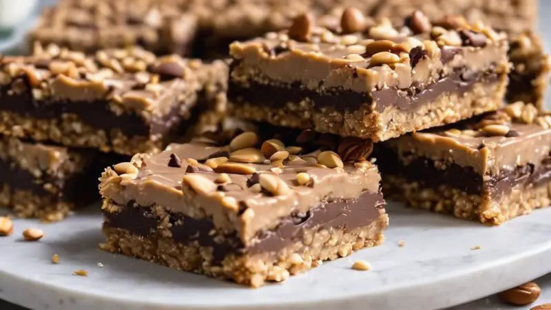 Satisfyingly Crunchy Peanut Butter Oat Bars with a Luscious Maple Caramel Filling