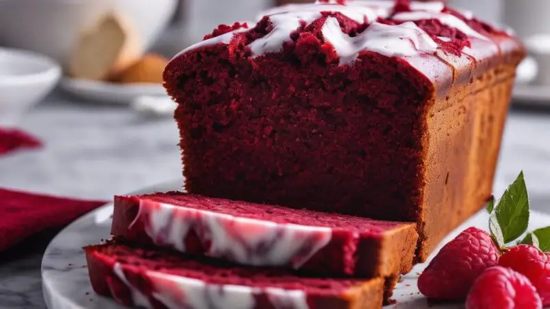 Festive Red Velvet Marble Loaf Cake with Vegan Cream Cheese Icing