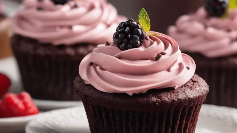 One-Bowl Chocolate Cupcakes with Light Blackberry Cream Cheese Frosting