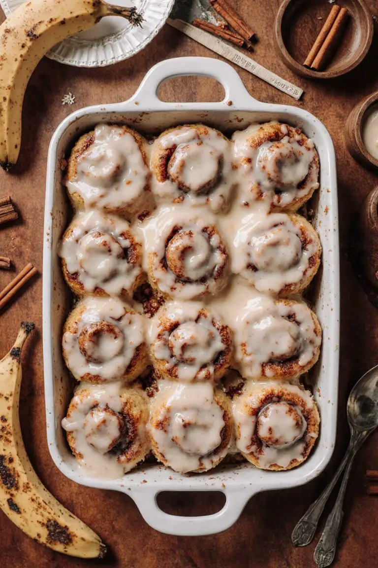 Gooey Banana Bread Cinnamon Rolls with Brown Butter Cream Cheese Frosting and Cinnamon Caramel Sauce