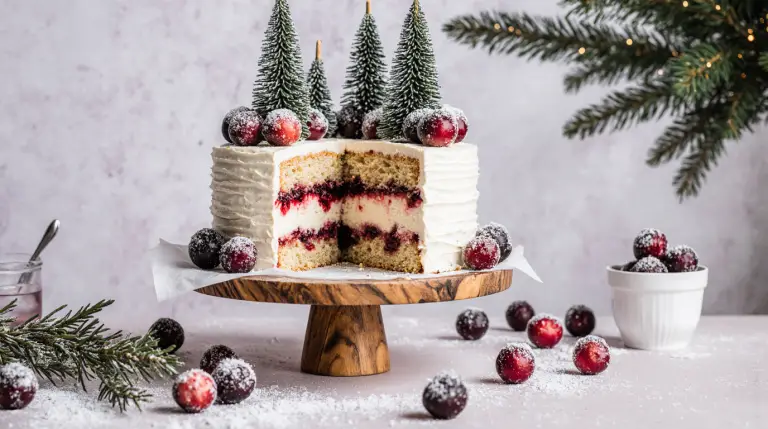 Elegant Layered Cranberry White Christmas Cake with Cooked Flour Frosting
